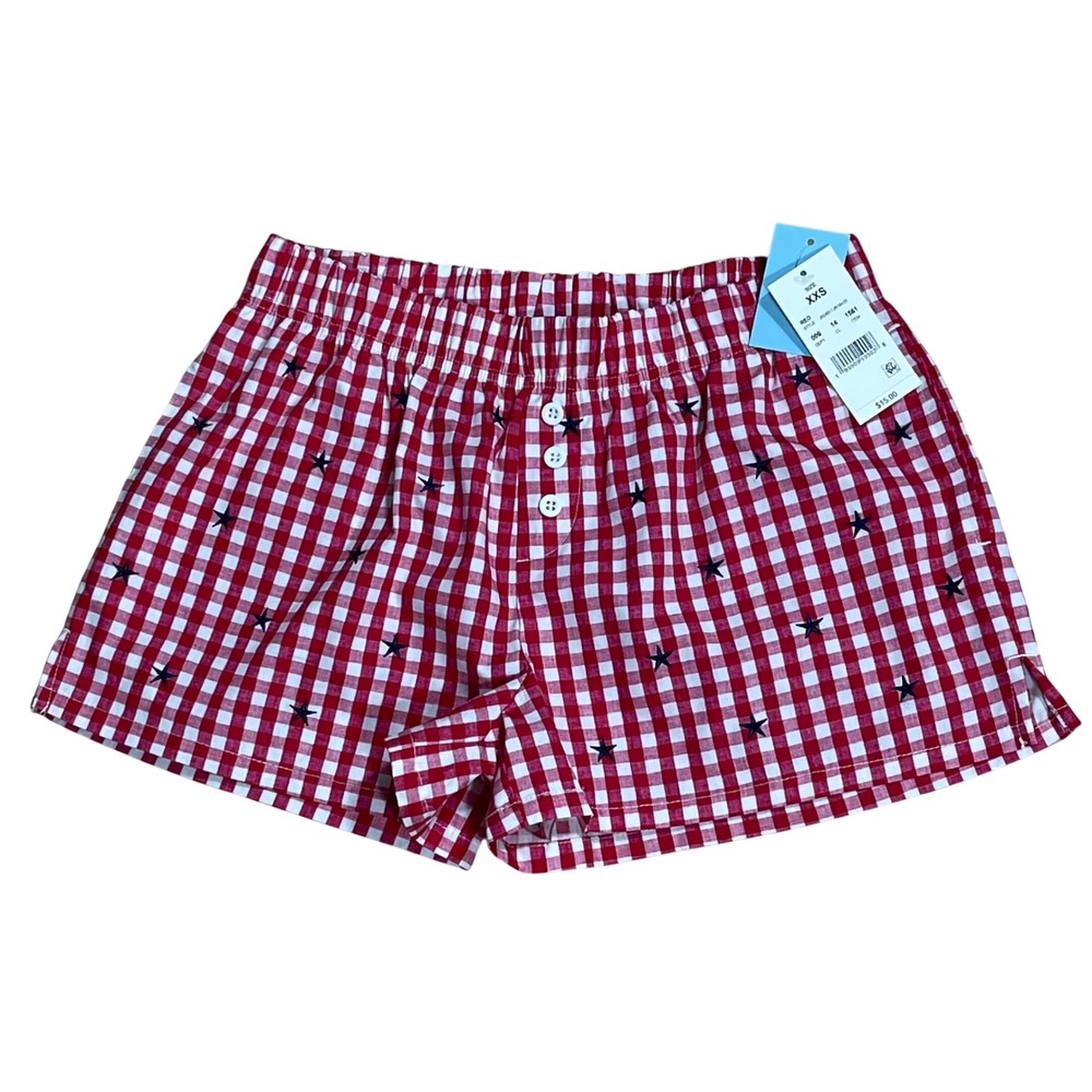 Red Gingham Star Embroidered Plaid Cotton Pajama Sleep Shorts Womans XXS NEW